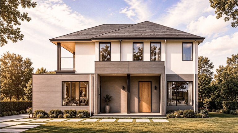 Contemporary two-story prefabricated house with large windows, modern design, and landscaped front yard, ideal for modular home living.