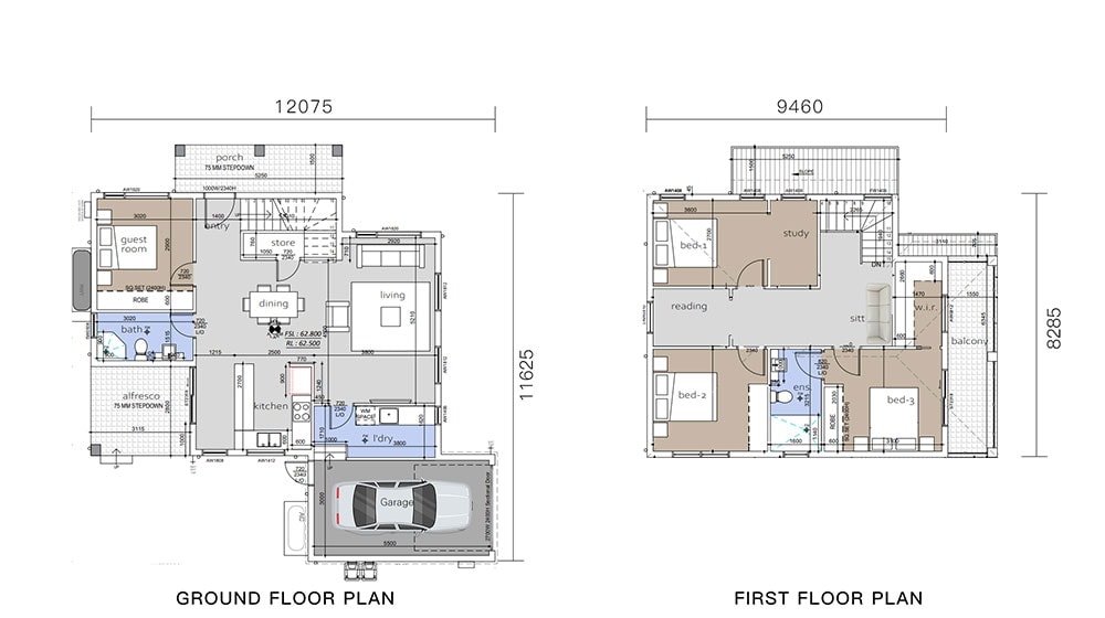 Bright modern home floor plan with spacious living areas, bedrooms, and outdoor balcony, perfect for contemporary living and family comfort.