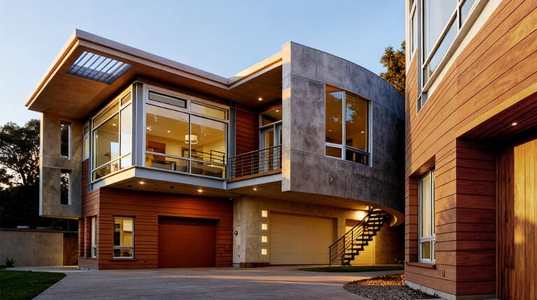 Modern luxury home featuring contemporary architecture, large windows, and sleek design elements. Perfect for high-end residential living with stylish exterior and eco-friendly features.