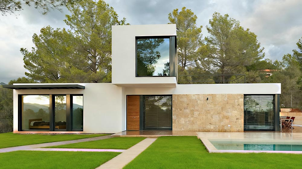 Contemporary modern house with large windows, sleek design, and a private pool, surrounded by lush greenery and tall trees, emphasizing luxury home architecture and outdoor living spaces.