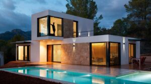 Moderna y lujosa casa con piscina, espacio exterior iluminado y vistas panorámicas a la montaña al atardecer. Su elegante diseño arquitectónico, sus grandes ventanales y su decoración contemporánea reflejan un estilo de vida sofisticado.