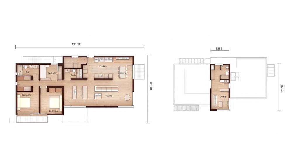 Spacious modern home floor plan with open-concept living area, multiple bedrooms, and outdoor terraces, ideal for contemporary living and outdoor entertainment.