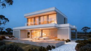 Casa de lujo moderna y contemporánea con grandes ventanales y una amplia zona de estar al aire libre, situada en un paisaje pintoresco al atardecer.