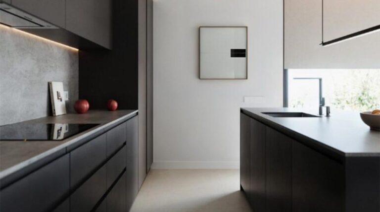 Sleek modern kitchen with minimalist design, dark cabinetry, and ample natural light, featuring a contemporary aesthetic perfect for stylish home living.