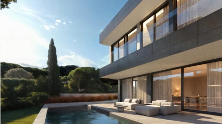 Modern luxury home with outdoor pool, expansive glass windows, and sleek contemporary architecture. Featuring elegant landscaping and spacious patio area for relaxing or entertaining.