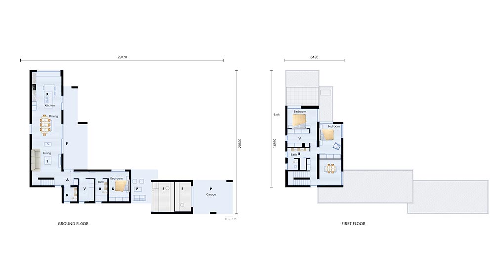 Plano de casa residencial moderna para una utilización óptima del espacio, con amplios dormitorios, baños, cocina, comedor, sala de estar y garaje, diseñado por los expertos en viviendas de Deepblue.