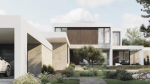 Lujosa casa moderna con elegante arquitectura, grandes ventanales y jardín paisajístico, diseñada para una vida de alto nivel, enfatizando el diseño y la elegancia del hogar contemporáneo.