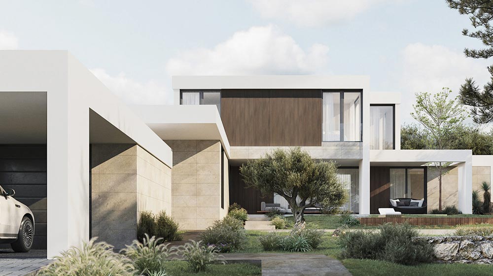 Lujosa casa moderna con elegante arquitectura, grandes ventanales y jardín paisajístico, diseñada para una vida de alto nivel, enfatizando el diseño y la elegancia del hogar contemporáneo.