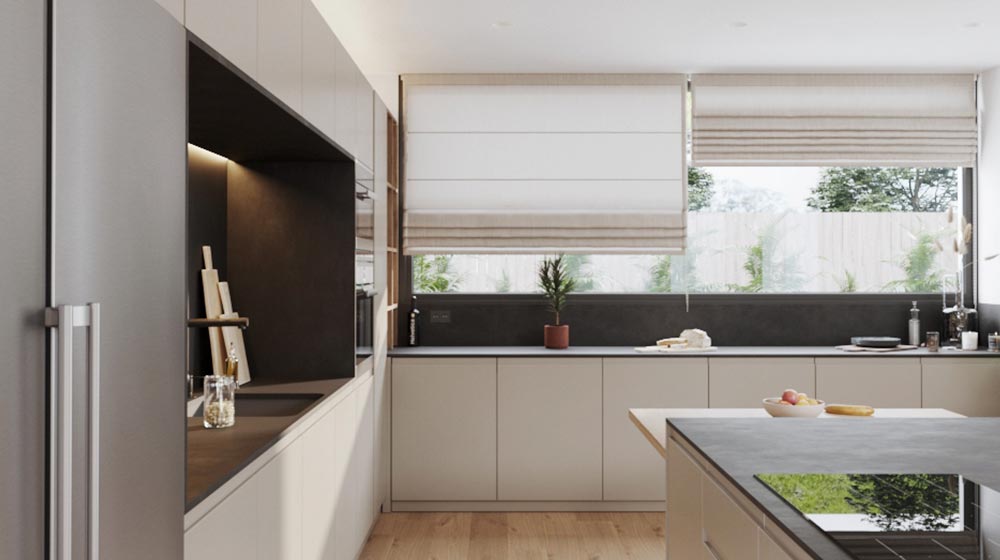 Cocina moderna y luminosa con elegantes gabinetes, ventanas grandes y decoración minimalista para un ambiente hogareño elegante y funcional.
