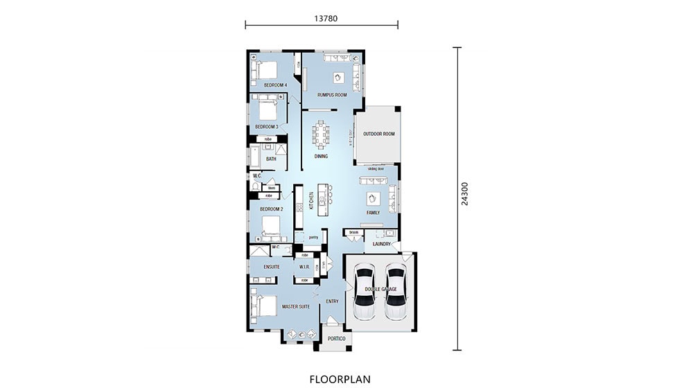 A detailed digital floorplan of a contemporary home featuring 4 bedrooms, multiple bathrooms, a spacious family room, outdoor area, double garage, and modern design elements, perfect for elegant living.