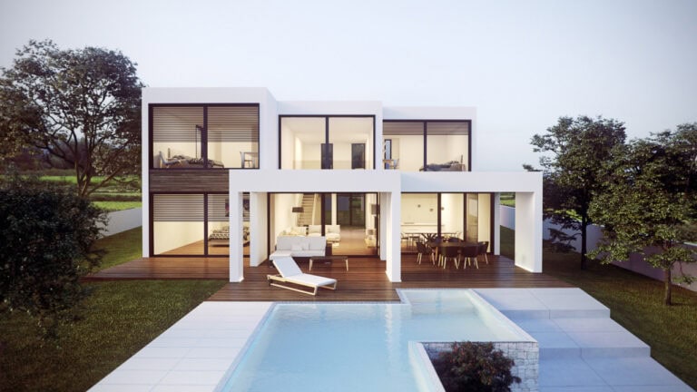 Stunning modern house exterior with open-plan living spaces, large glass windows, outdoor pool, and lush green surroundings, perfect for luxury lifestyle and contemporary architecture enthusiasts.