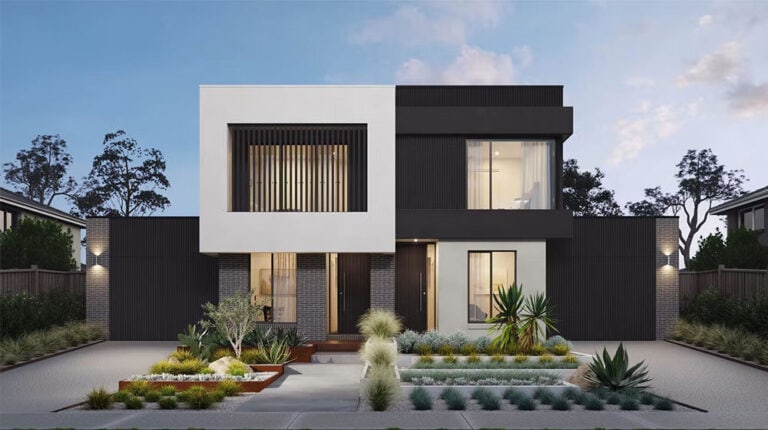 Spacious contemporary house with sleek black and white exterior, modern landscaping, and large windows showcasing stylish interior design. Perfect for luxury living and innovative home architecture.