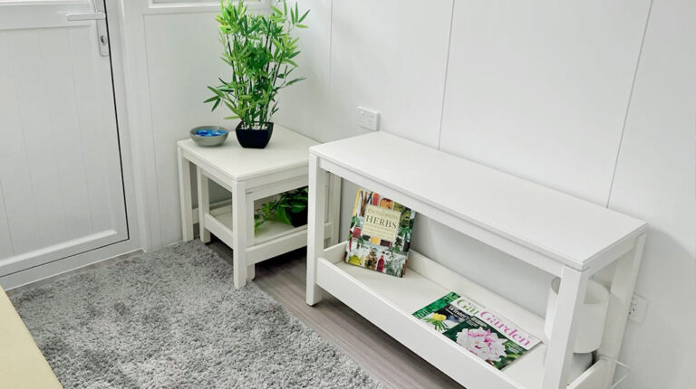 Clean white console table with gardening books and potted plant for modern interior design.