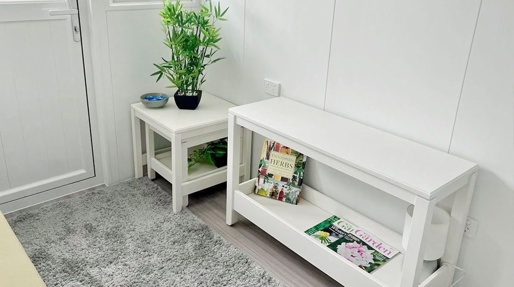 Clean white console table with gardening books and potted plant for modern interior design.