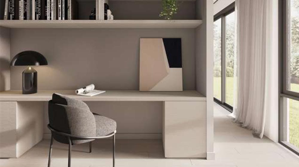 Bright, minimalist home office with sleek desk, comfortable chair, warm lighting, and panoramic windows. Perfect for focused work and relaxation in stylish, contemporary living spaces.