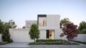 Bright, stylish house with sleek exterior, large windows, and lush greenery, exemplifying modern residential architecture and outdoor landscaping.