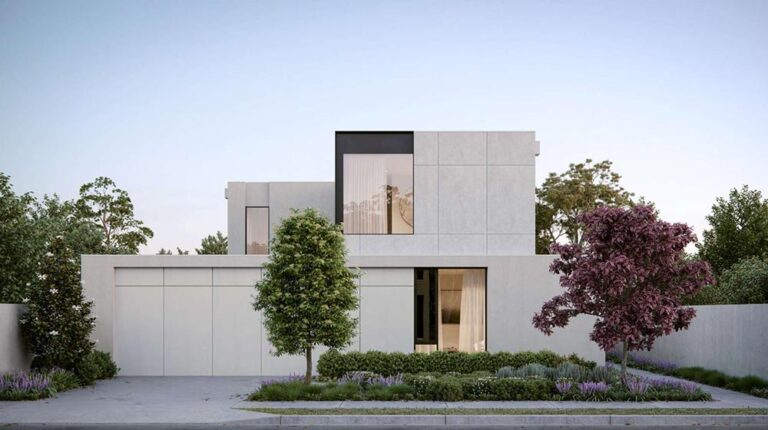 Bright, stylish house with sleek exterior, large windows, and lush greenery, exemplifying modern residential architecture and outdoor landscaping.