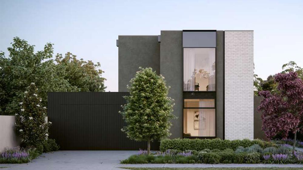 Stylish modern home with sleek architecture, large windows, and vibrant garden landscape, perfect for elegant outdoor living and modern city lifestyle.