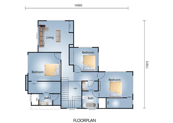 Elegant living space layout with three bedrooms, two bathrooms, and spacious common areas highlighted in a sleek, contemporary design. Ideal for comfortable family living and modern home needs.