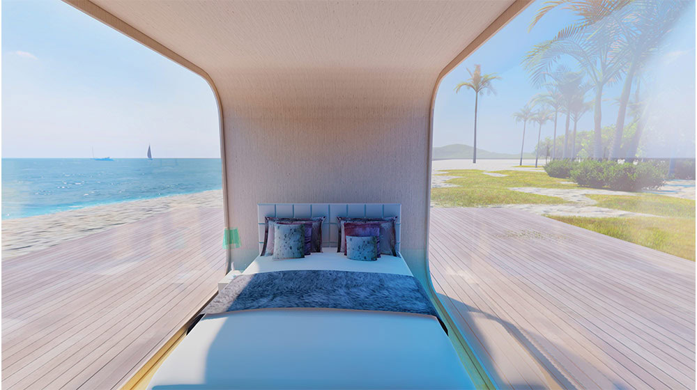 Stunning ocean view bedroom with large glass windows at Deepblue, showcasing a serene seaside setting with palm trees, tropical landscape, and matching modern decor for a relaxing vacation stay.