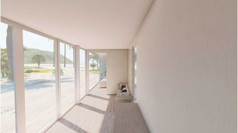 Bright interiors with floor-to-ceiling windows overlooking tropical landscape and beach scene. Modern design with spacious living area, perfect for coastal living.