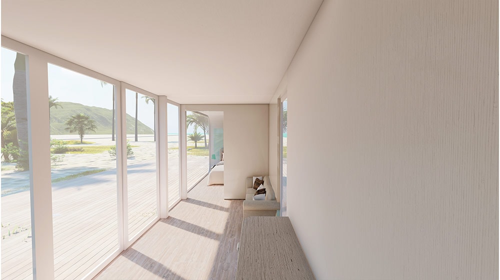 Bright interiors with floor-to-ceiling windows overlooking tropical landscape and beach scene. Modern design with spacious living area, perfect for coastal living.