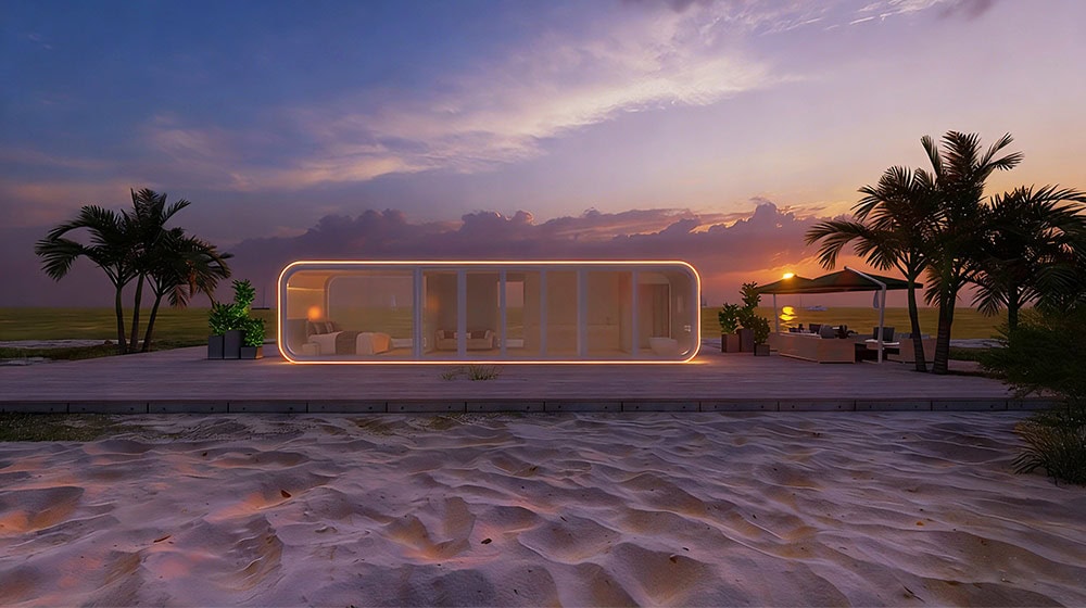 Modern beachfront tiny home with sleek design and ambient lighting.