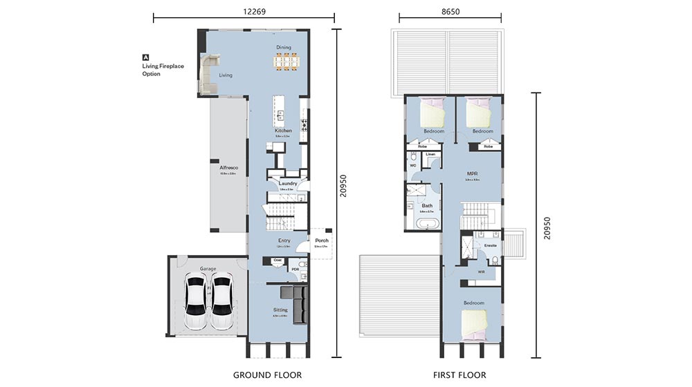 High-quality architectural floor plan for a contemporary Deepblue home with detailed layouts for ground and first floors. Perfect for those seeking innovative home design ideas.