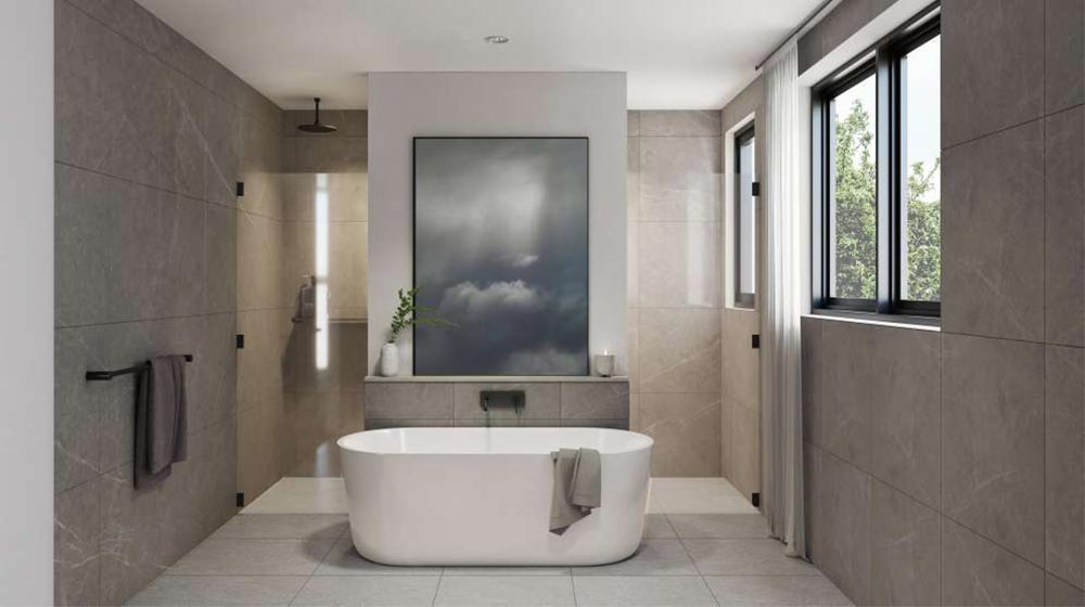 Luxurious spa-inspired bathroom featuring a sleek bathtub, natural light, neutral tones, and minimalist decor for a relaxing home spa experience.