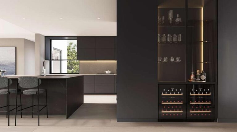 Contemporary black kitchen with integrated wine storage, sleek cabinetry, and minimalist aesthetic for stylish home cooking and entertaining.
