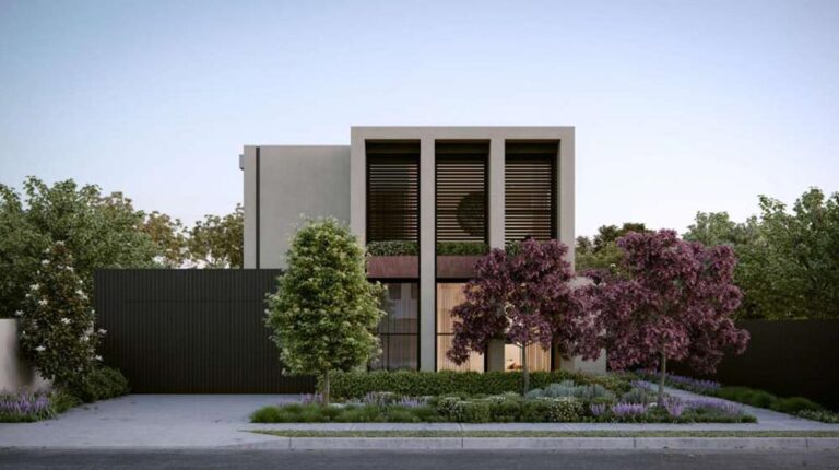 Luxurious modern home featuring sleek design, large windows, and landscaped garden with colorful flowering trees.