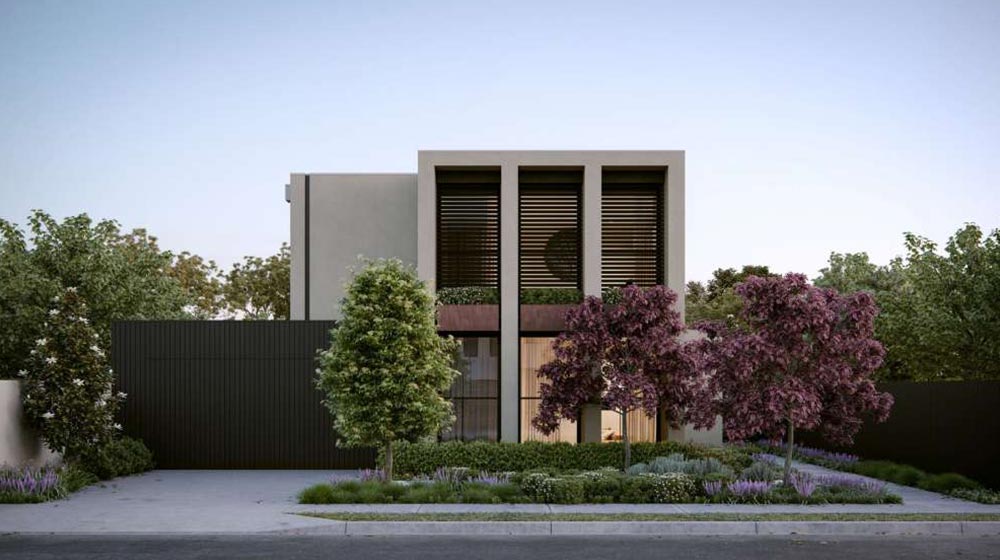 Luxurious modern home featuring sleek design, large windows, and landscaped garden with colorful flowering trees.