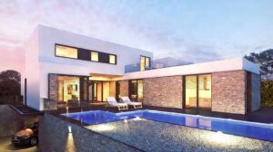 Luxe, eigentijdse woning met een strak design, grote ramen en een uitnodigend zwembad voor buitenleven en ontspanning.