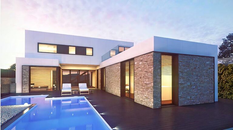 Schitterende moderne woning met een strak zwembad, eigentijds design, stenen accenten en grote ramen, ideaal voor luxe buitenleven en stijlvolle stedelijke toevluchtsoorden.