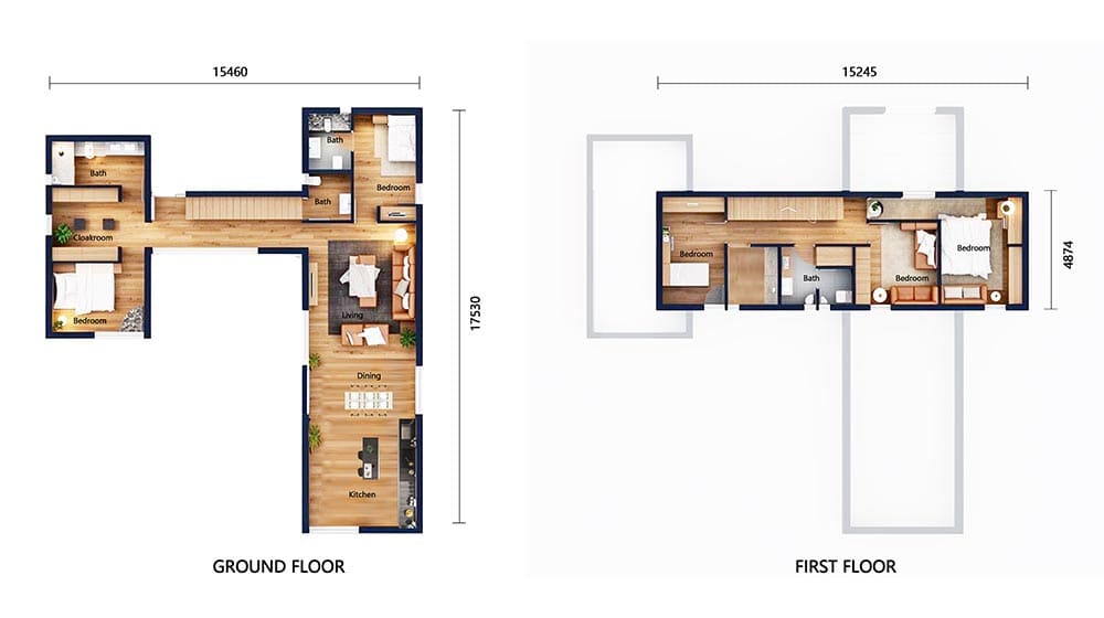 Elegant house floor plan with detailed 2-story design, including multiple bedrooms, bathrooms, and open-concept kitchen and living spaces for family living.