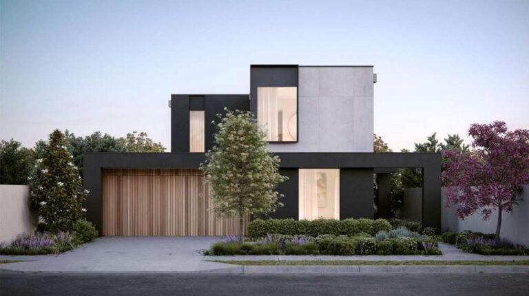 Contemporary two-story house with sleek design, large windows, and minimalist landscape featuring trees and shrubs.