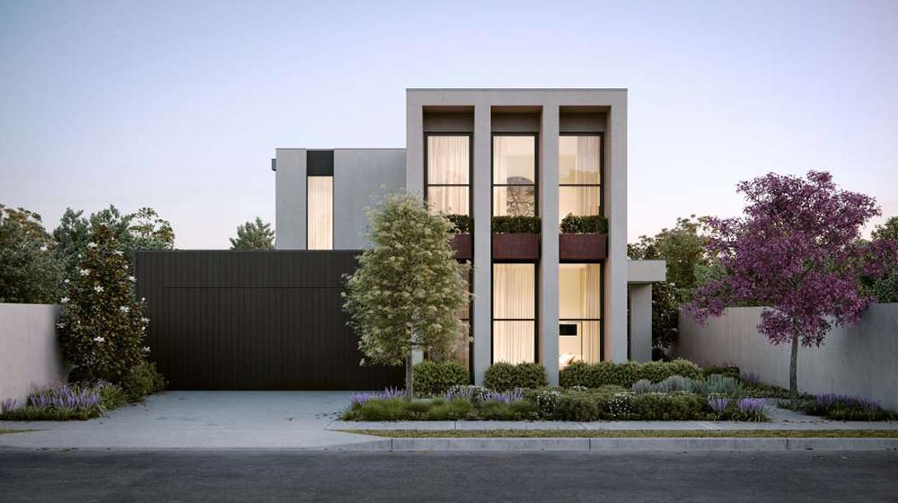 Contemporary house with sleek design, large windows, and landscaped front yard, showcasing modern architecture and stylish outdoor landscaping.