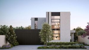 A modern contemporary house featuring sleek design, large windows, and landscaped garden, ideal for stylish outdoor spaces and modern living.
