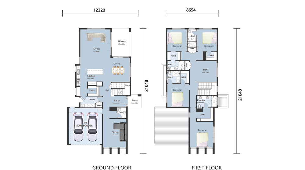 An expertly designed modern family home floor plan with a spacious layout, including multiple bedrooms, bathrooms, a double garage, and outdoor living space, perfect for comfortable living and family gatherings.