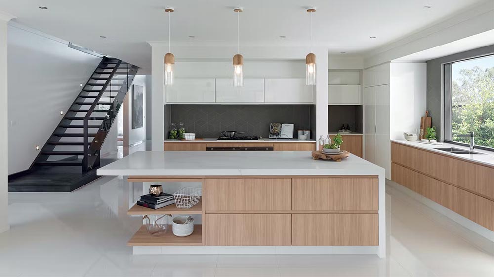 Bright and airy kitchen with clean lines, minimalist design, natural wood finishes, large window for sunlight, and modern decor perfect for stylish living.