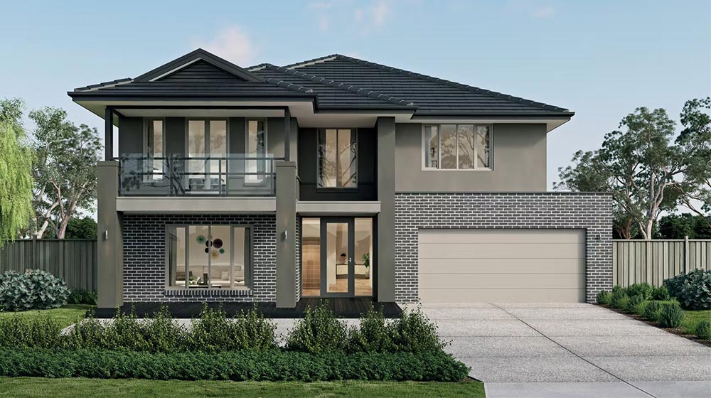 A new contemporary two-story house with sleek exterior, large windows, balcony, and a spacious driveway, set amidst lush greenery, showcasing innovative architecture and landscaping.