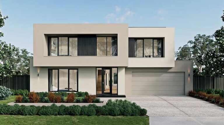 Stunning contemporary house featuring large windows, clean lines, and modern architecture in a lush landscaped setting.