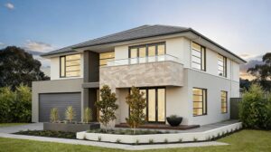Modern house exterior with large windows, neutral color palette, and landscaped front yard, showcasing contemporary residential design.