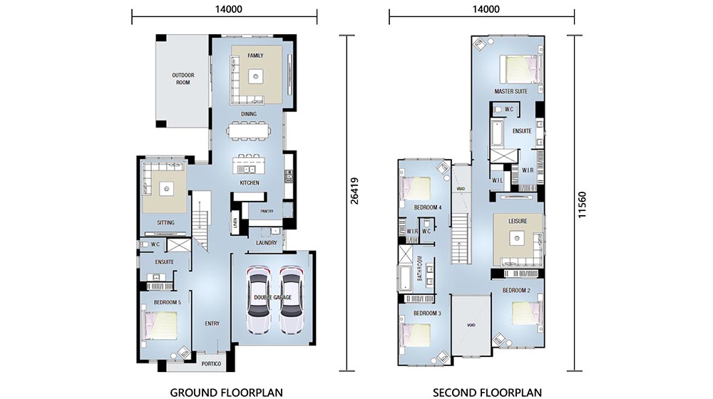 Detailed blueprint of a contemporary two-story house with spacious outdoor area, 5 bedrooms, multiple bathrooms, garage, and open-concept living spaces — ideal for modern family living.