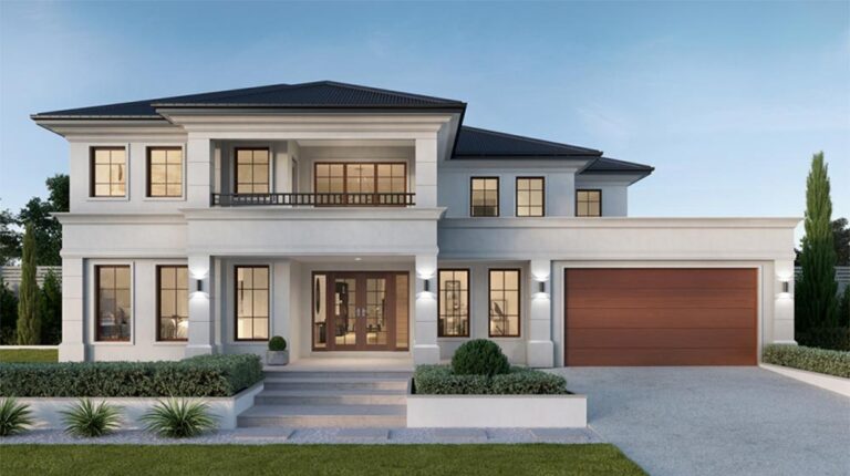 Bellissima casa moderna con esterni grandi finestre, giardino paesaggistico e garage annesso.