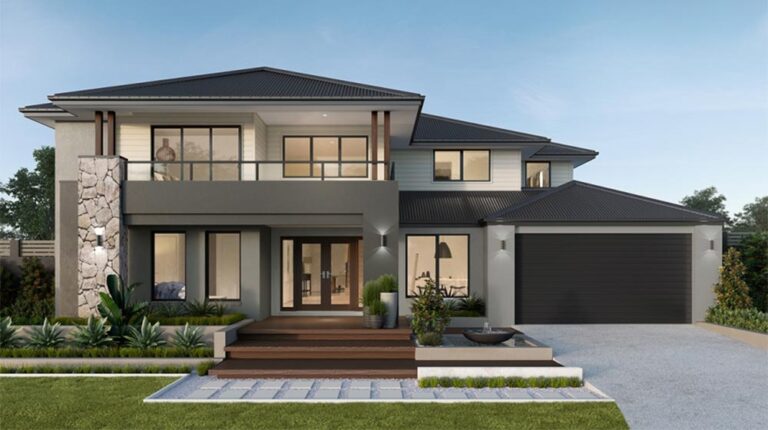 Elegante esterno di casa contemporanea con ampie finestre, dettagli in pietra e un giardino anteriore ben curato, ideale per gli acquirenti di case moderne che cercano eleganza e comfort.