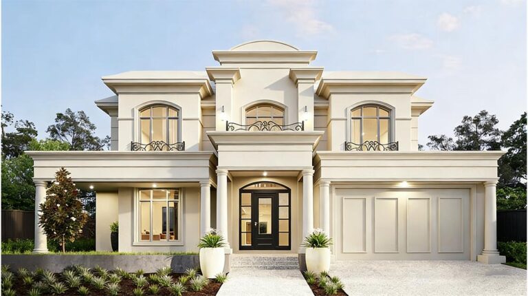 Lussuosa casa moderna a due piani con architettura elegante, ampie finestre e un giardino ben curato, ideale per i proprietari di case che cercano uno stile di vita esclusivo e un design di alta qualità.