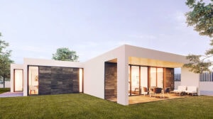 Elegante, moderne prefabwoning met een strak design, grote ramen en een ruim terras, perfect voor hedendaags wonen en buitenactiviteiten.