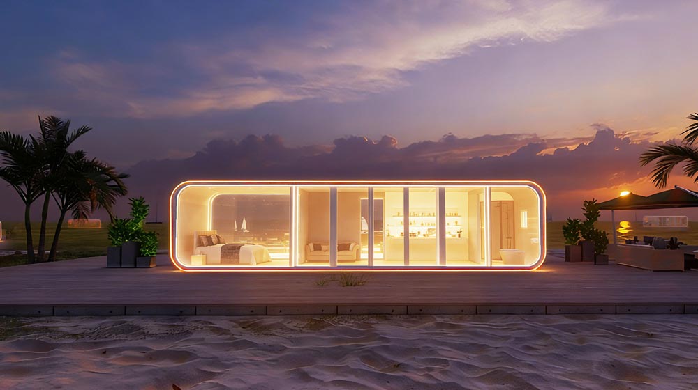 Luxurious beach tiny home with illuminated design, scenic sunset, cozy interior, and outdoor relaxation space.