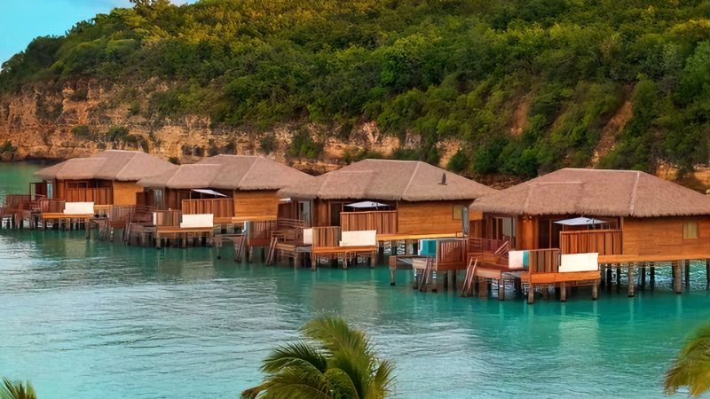 a row of over-water bungalows as tropical resorts